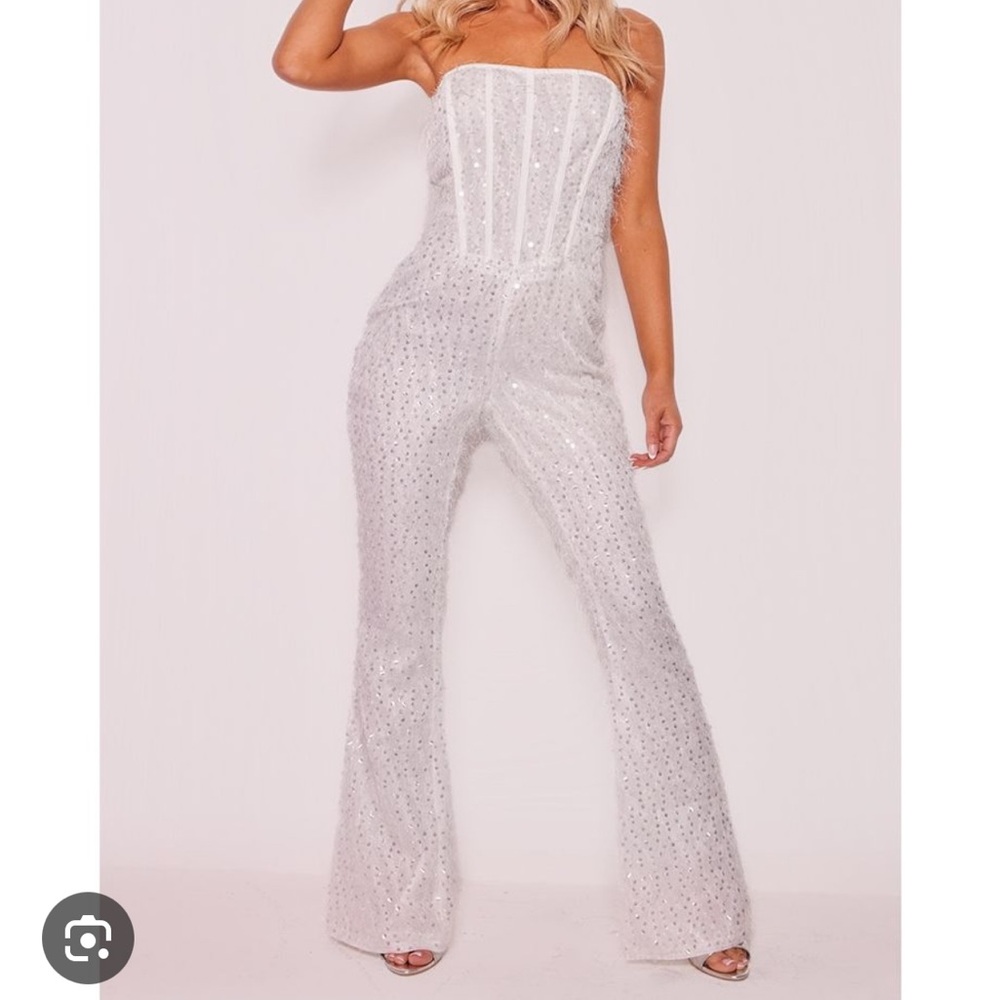 White Textured Sequin Corset Bandeau Jumpsuit